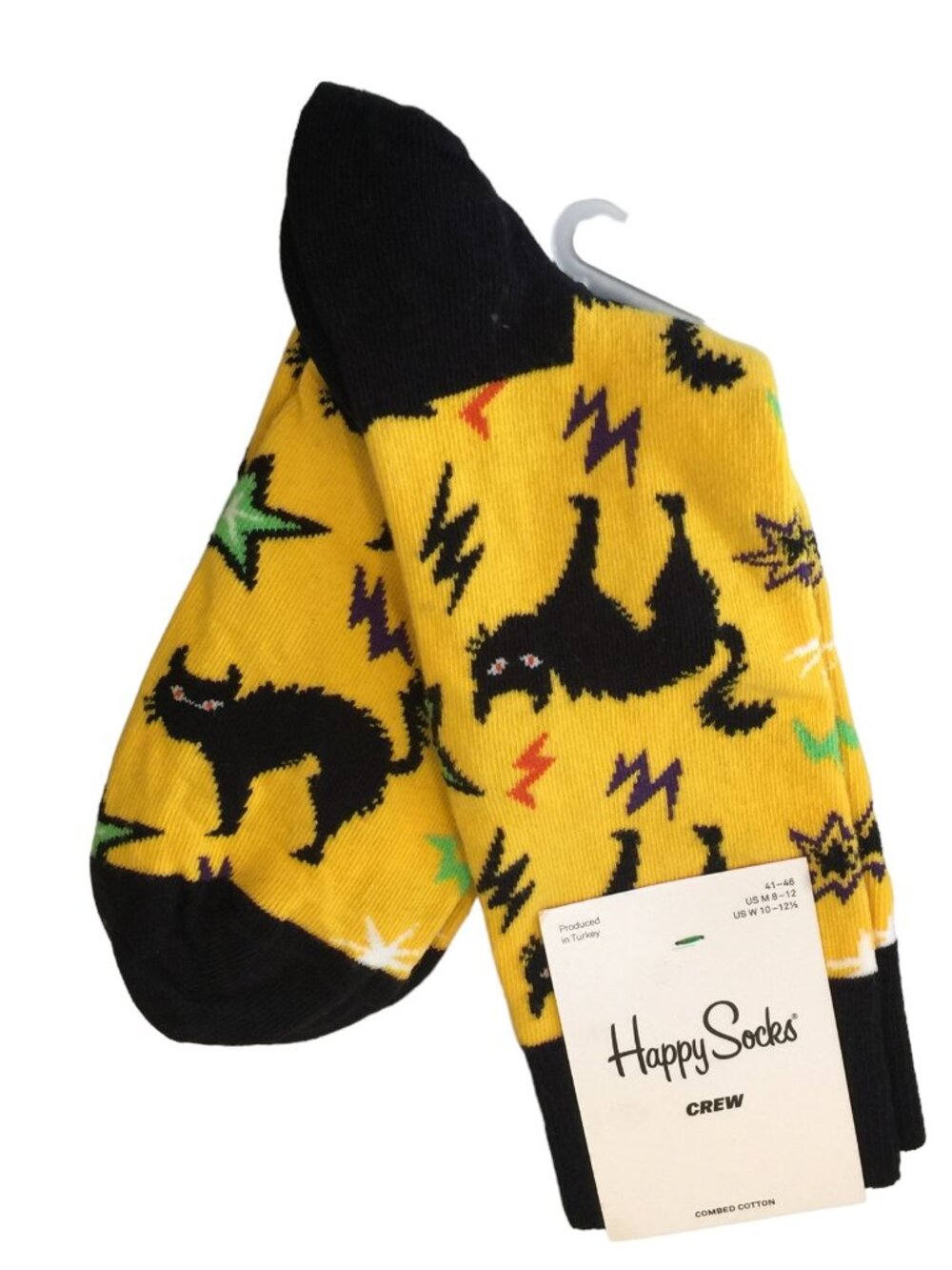 HAPPY SOCKS Halloween Black Cats Men's Crew Socks Size 8-12 Black Yellow